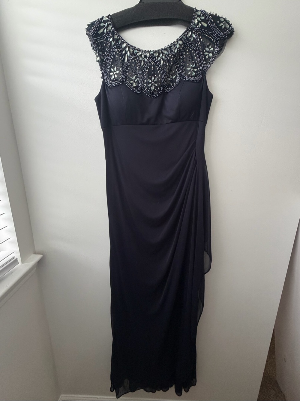 Formal Navy Beaded Cap-Sleeve Evening Dress